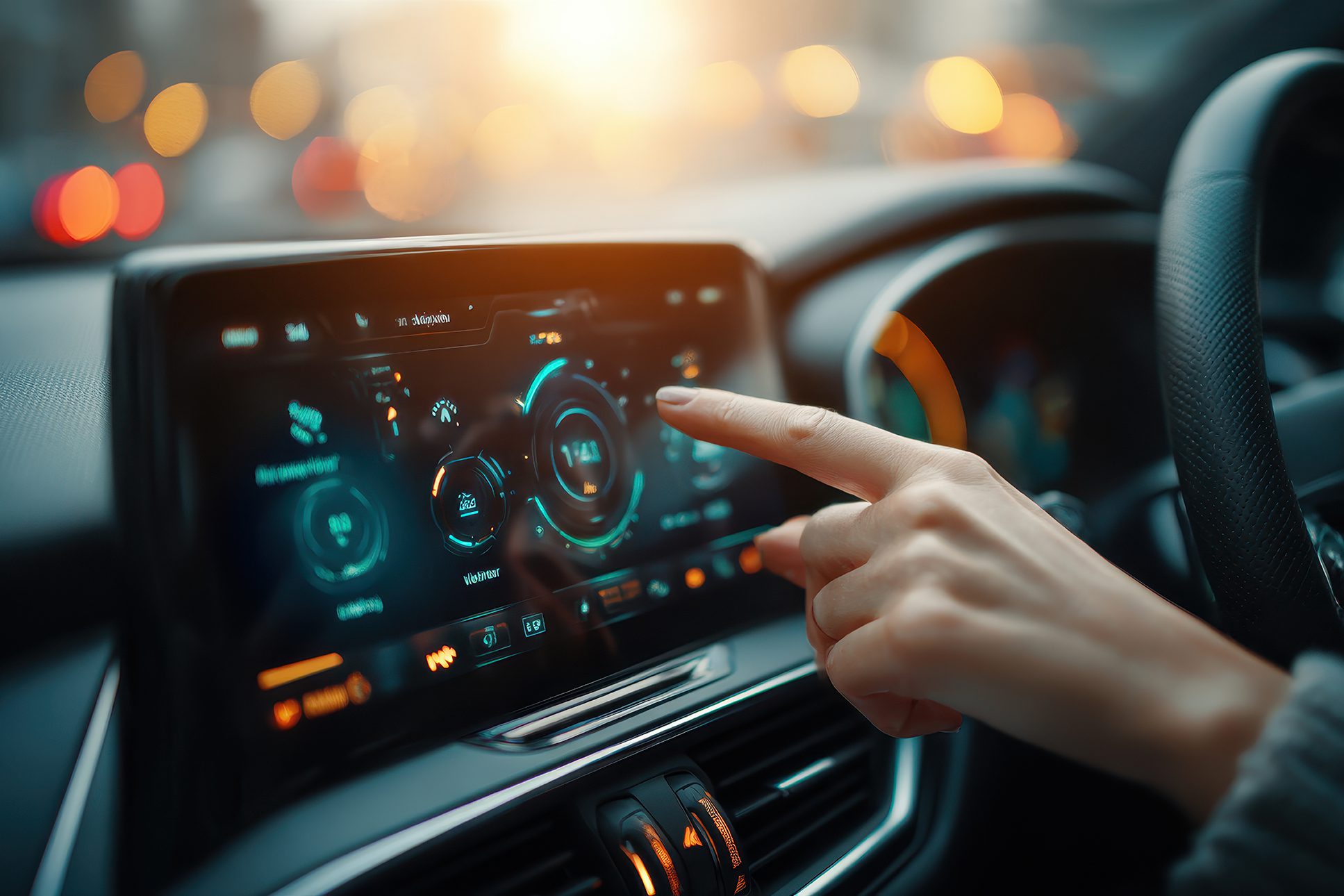 Hand interacting with innovative car infotainment system showing