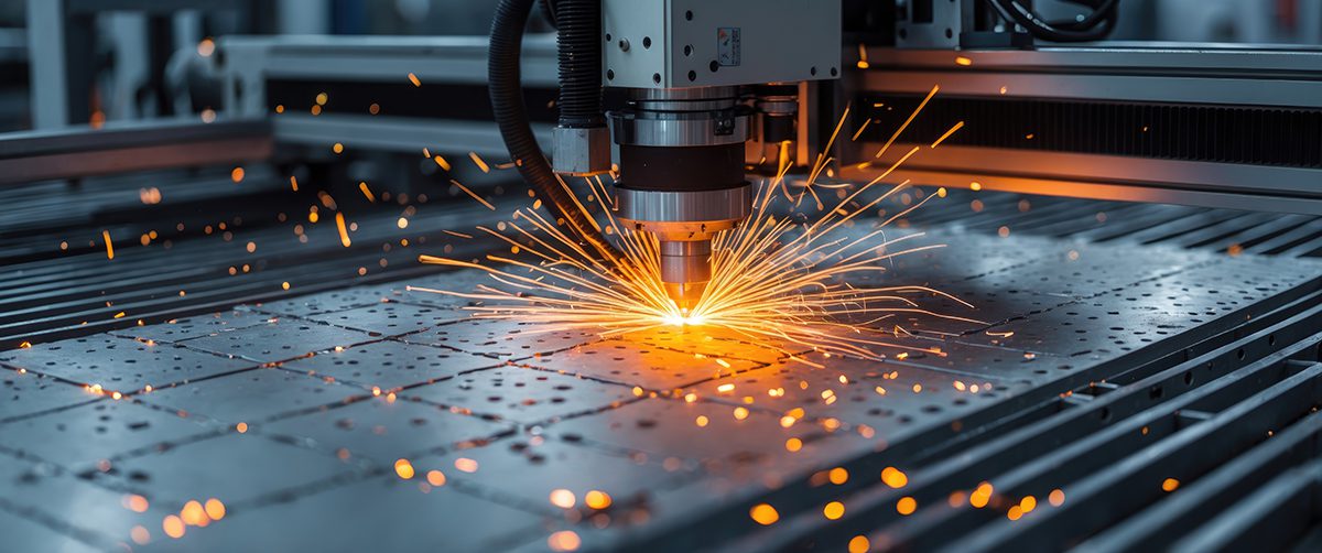 The fiber laser cutting machine processes the metal plate, emitt